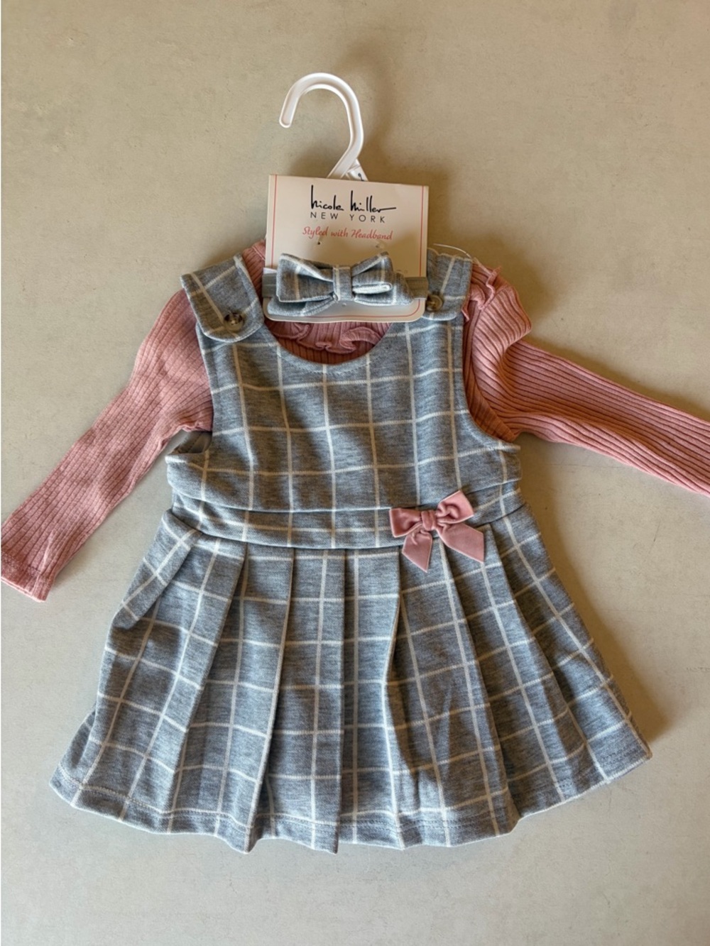 Nicole Miller Grey Plaid Pinafore with Pink Ribbed Top and Bows 6-9m